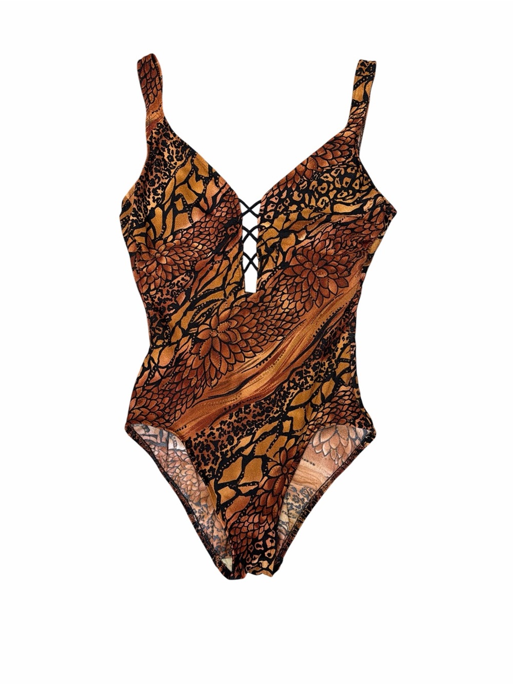 Vintage Mainstream Swimwear One Piece Animal Print Lace Ip Plunge Tummy Control